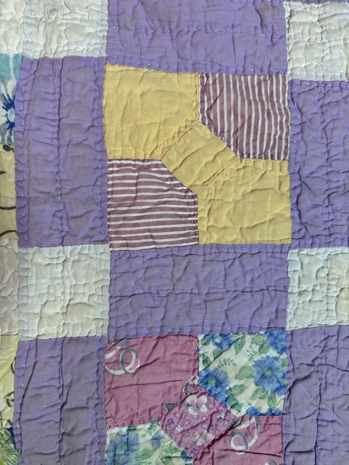 Vintage Primitive Hand Made Bow Tie Quilt Feedsack Split Color 56” 69” Unique! - Image 4 of 4