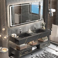 Black Bathroom Vanity with Double Sink, Intelligent Lamp Square Mirror  De