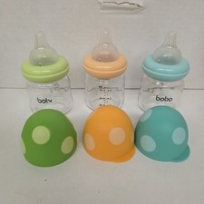 Bobo 3 OZ Mushroom Capped Glass Baby Bottles - Set of 3- Preowned