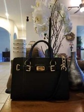 $298 Michael Kors Hamilton Handbag Bag MK Purse Crossbody Satchel Black Gold NEW