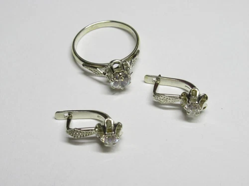 Original Vintage Soviet SET Earrings Ring Stone Russian Sterling Silver 925 USSR