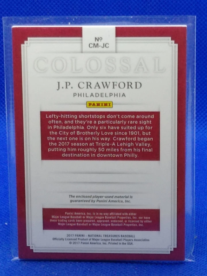 2017 Panini National Treasures Colossal Materials PATCH JP Crawford #CM-JC 7/10 - Image 2 of 2