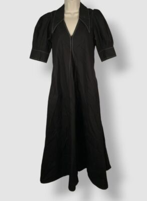 Ganni Women's Black Cotton Poplin V-Neck Midi-Dress Size 32