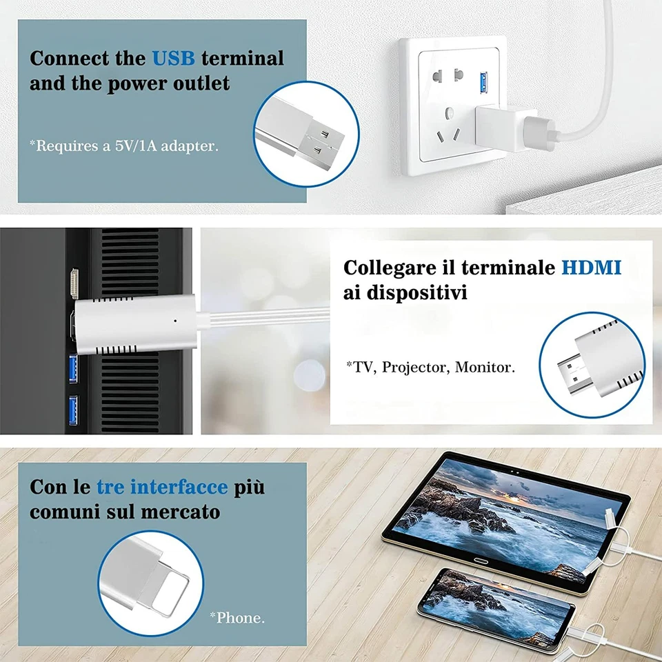 3in1 micro usb tipo c ad hdmi cavo adattatore convertitore telefono a tv hdtv 2m - Immagine 3 di 4