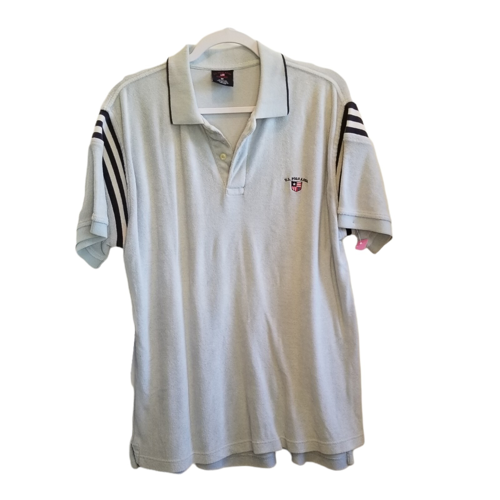 Vintage 90s MensTerrycloth Blue Polo Shirt Sz Medium Embroidered Crest