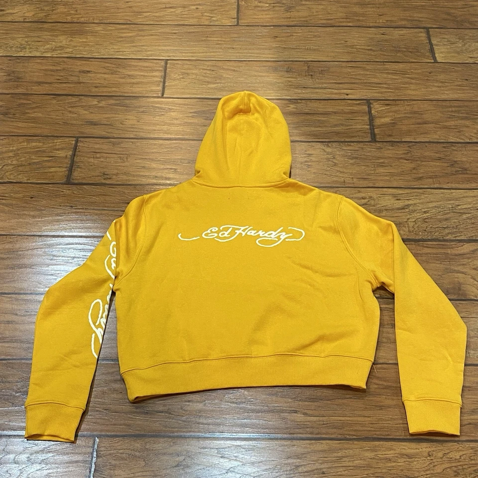 Sudadera con Capucha Ed Hardy Para Mujer XL Recortada Pullover Dragón Amarillo Y2K Patinador Gráfico Foto 4 de 4