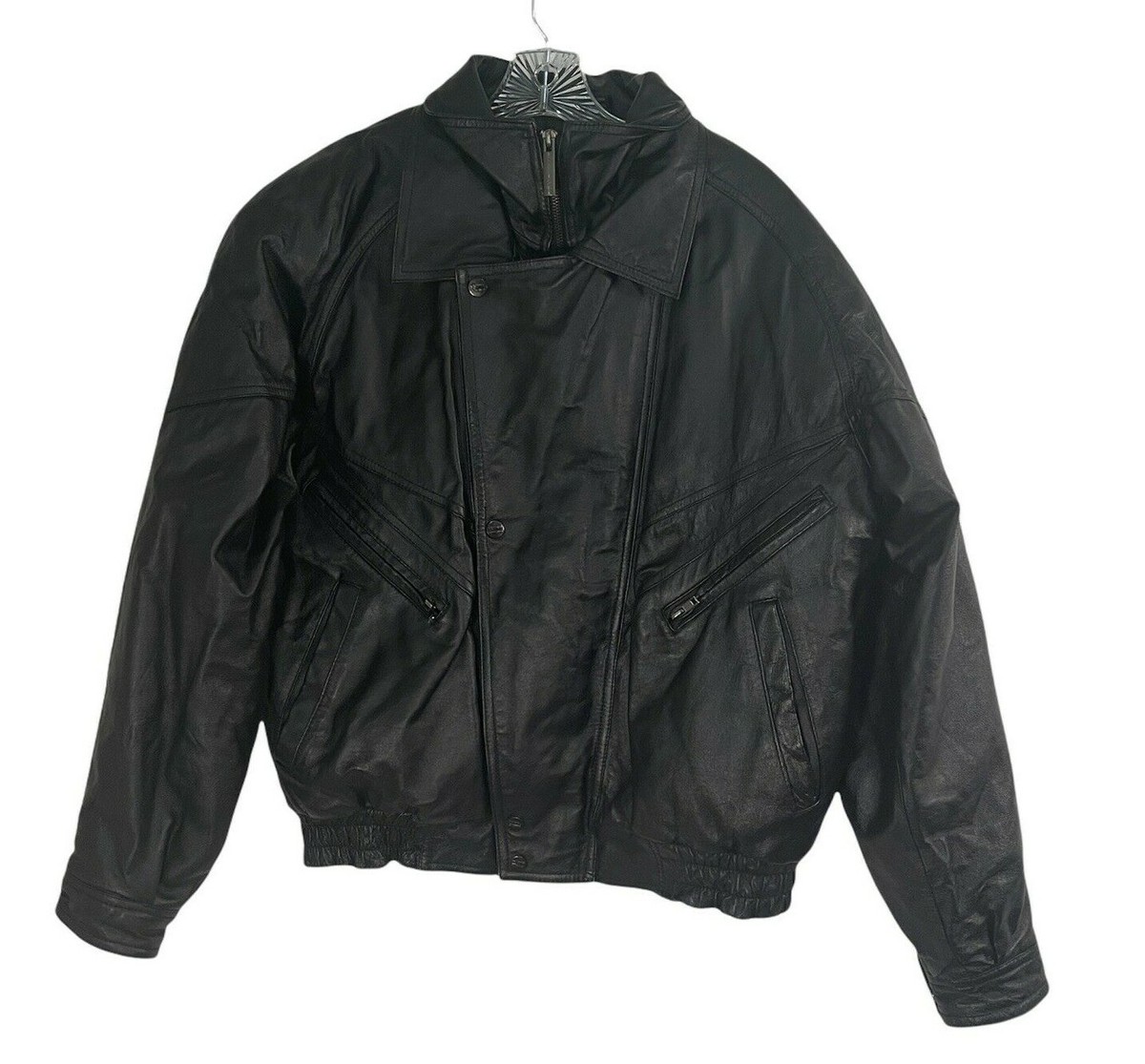 Mens Black Leather Bomber Jacket Sz S Vintage Phase Two Motorcycle