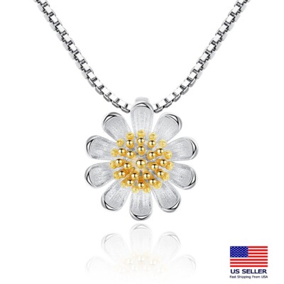 Fashion Women 925 Sterling Silver Necklace 3D Daisy Sunflower Pendant 1826