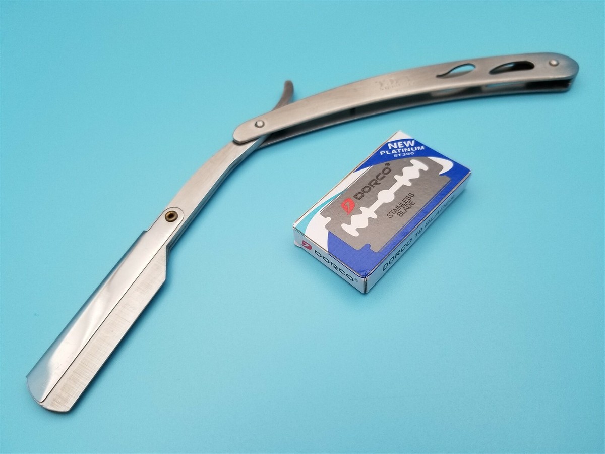 Shavette Style Silver Folding Straight Razor Black Handle hair Cut