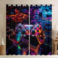 Teens Gaming Window Curtains Modern Gamer Window Treatments, Honeycomb Gamepad W