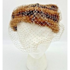 50s Vintage Brown Faux Fur Satin Bow Velvet Tulle Net Fascinator Cap Hat