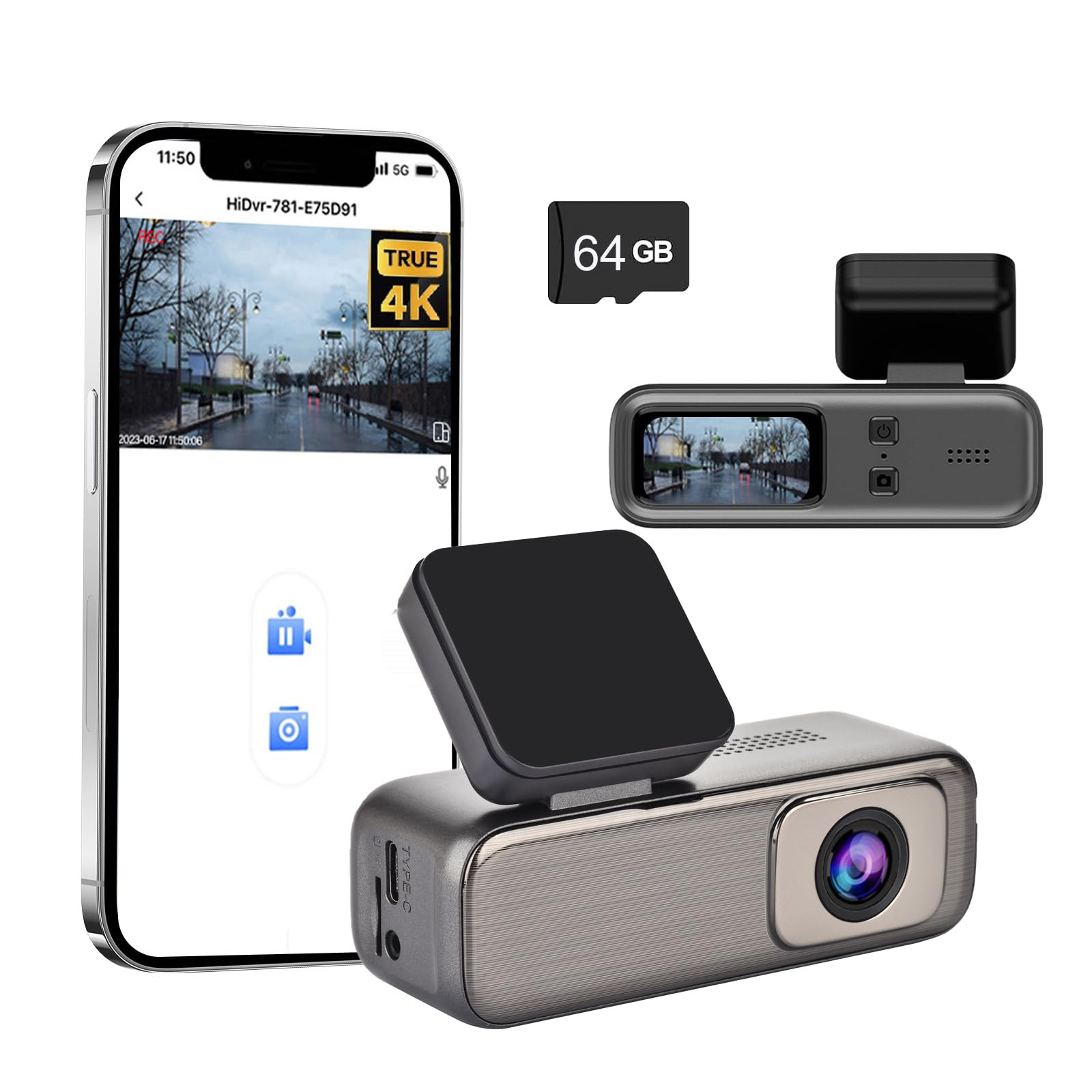 4K 2160P Dash Cam with 64GB Card and Built-in Wi-Fi-image