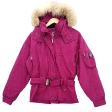 vtg Tyrolia Skiwear Women's Belted Ski Jacket Removable Coyote Fur Fur Hood 12 L