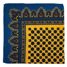 Yellow  Aqua Blue Floral Wool/Cashmere Pocket Square Handmade in Italy 