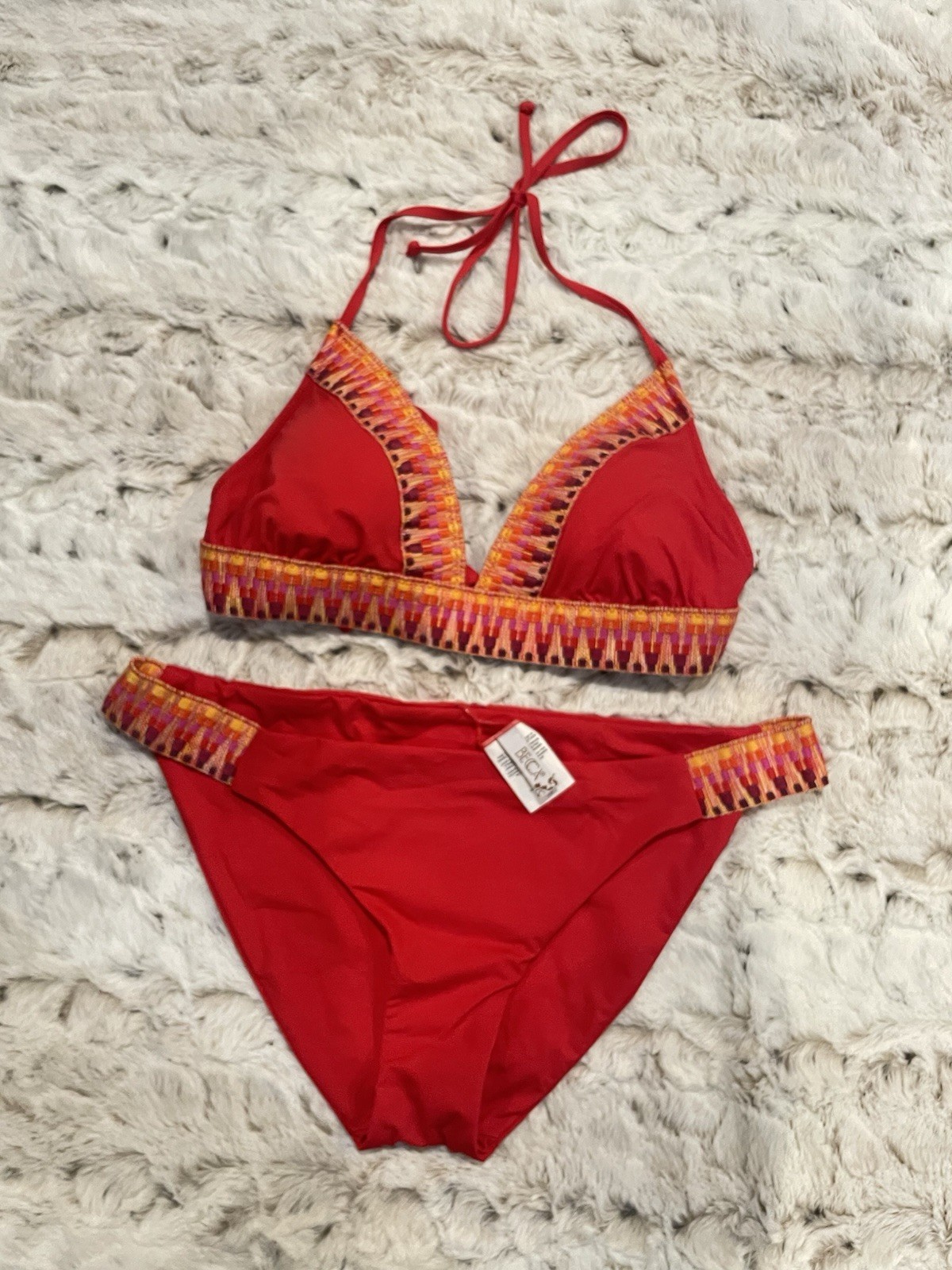 Conjunto de bikini BECCA rojo de 2 piezas halter triángulo top copa C/mediano, parte inferior de bikini L