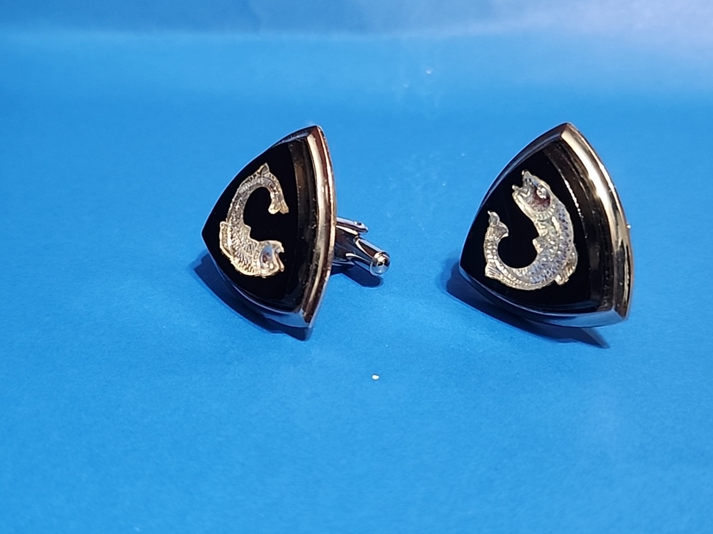 Fish Triangular Shape Bullet Back Silvertone Blac… - image 7