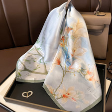 100 Mulberry Silk Scarf Bandanna Square Shawl Blue branch Print 65X65cm Wrap