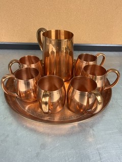 Vtg West Bend Solid Copper Beverage Set Pitcher W/ 6 Mugs Tray USA Moscow Mule