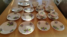 Adderley Tea Set. Cups plates jug. Vintage fine bone china. White purple flowers