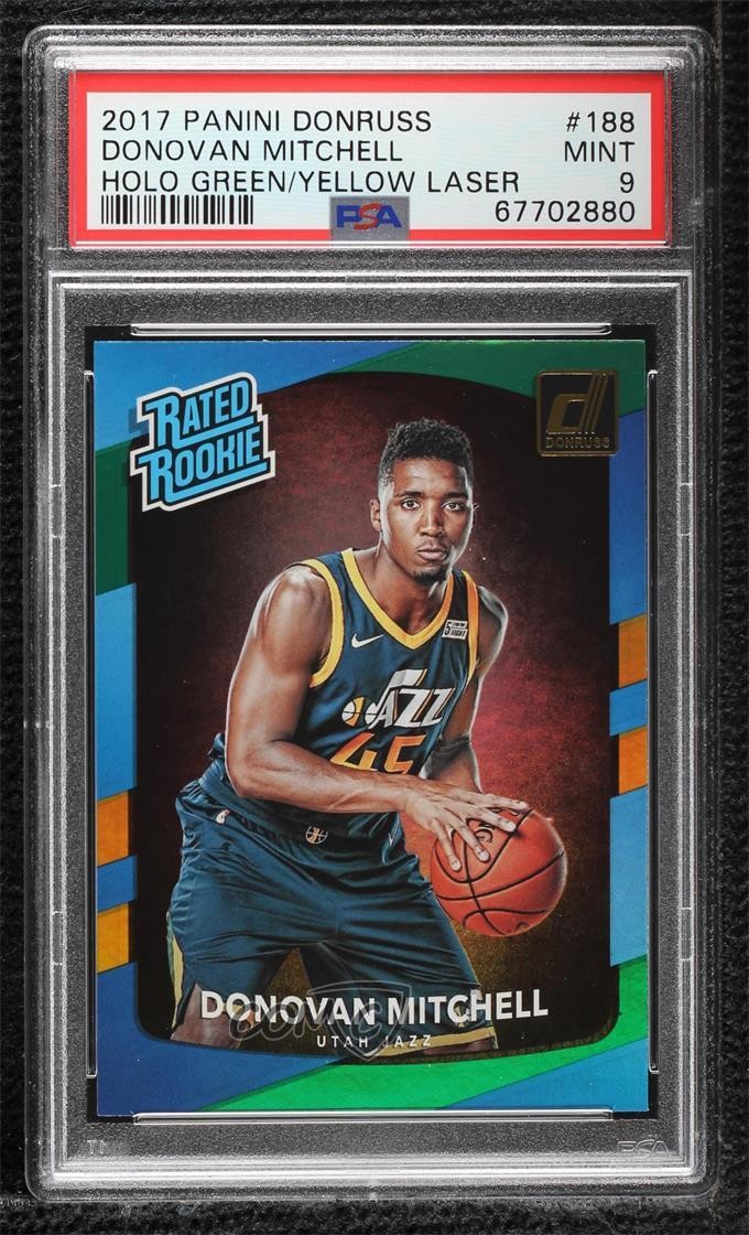 2017 Donruss Holo Green & Yellow Laser Donovan Mitchell PSA 9 MINT Rookie RC 2l4