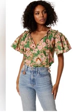 Misa Los Angeles  Suparna Floral poplin Top LG Green Floral popover tie top