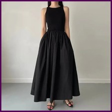 Nuevos vestidos largos negros elegantes y sencillos de verano para mujer, cuello