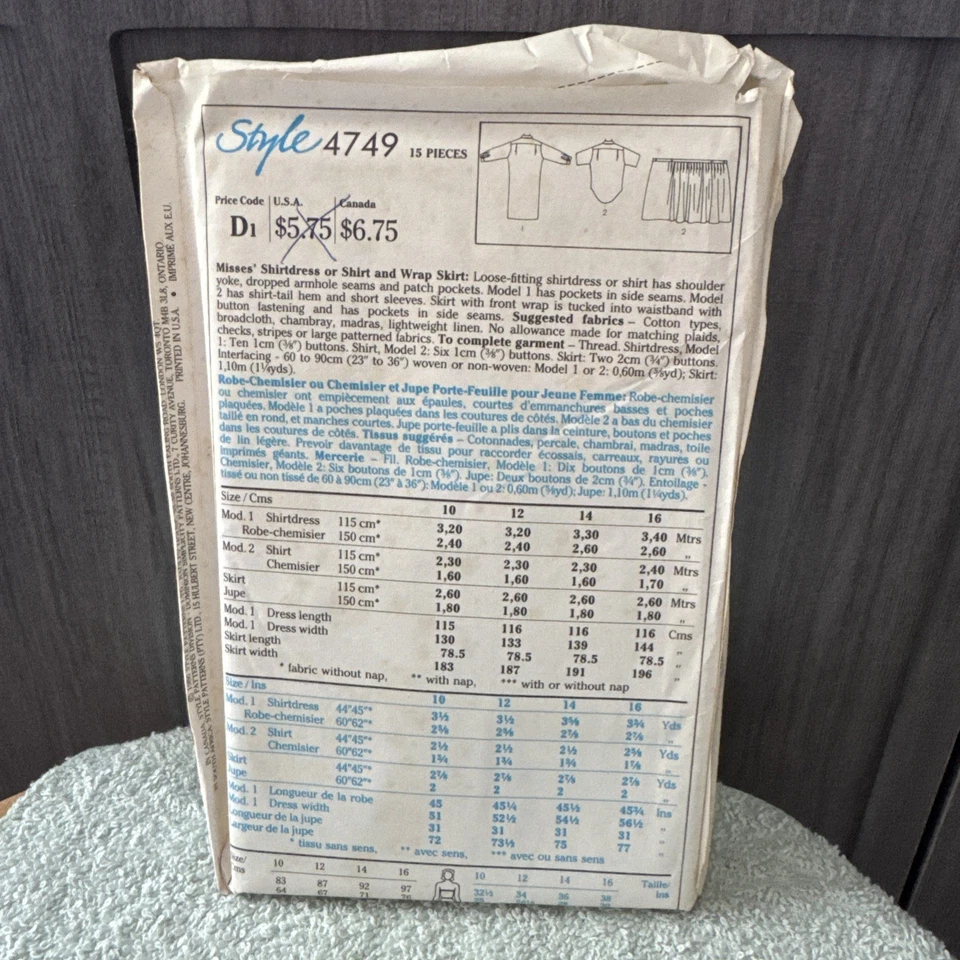 VINTAGE! 4749 Style Sz 14 Sewing Pattern Misses 1980s Clothing - Image 2 of 2