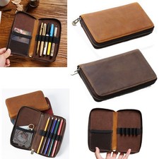 Vintage Genuine Leather Pen Case Office Zipper Pencil Holder Pens Organizer Bag