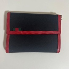 Excellent GUCCI Solid Trifold Folding Wallet Black Red Auth Japan