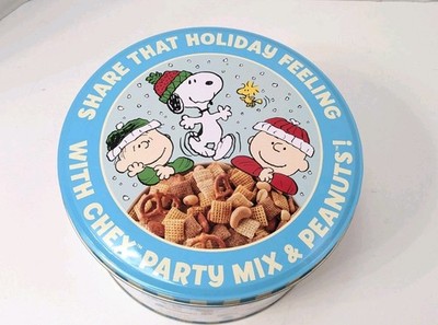 Chex Party Mix & Peanuts Holiday Tin 2024 7½''d x 4¼''h Snoopy Charlie Brown Linus