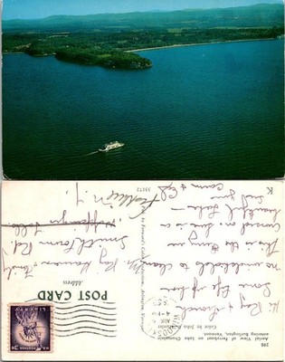 Vintage Lake Champlain Postcard Ferry Aerial View Burlington Vermont Postmarked