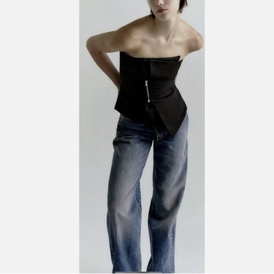 ZARA NEW WOMAN SS22 BLACK Zippered ASYMMETRIC BUSTIER - Size S NEW WITH TAG!
