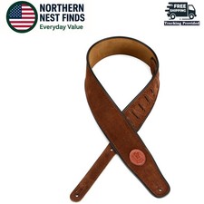 Elegant 2.5" Brown Suede Guitar Strap with Decorative Piping - Adjustable Length