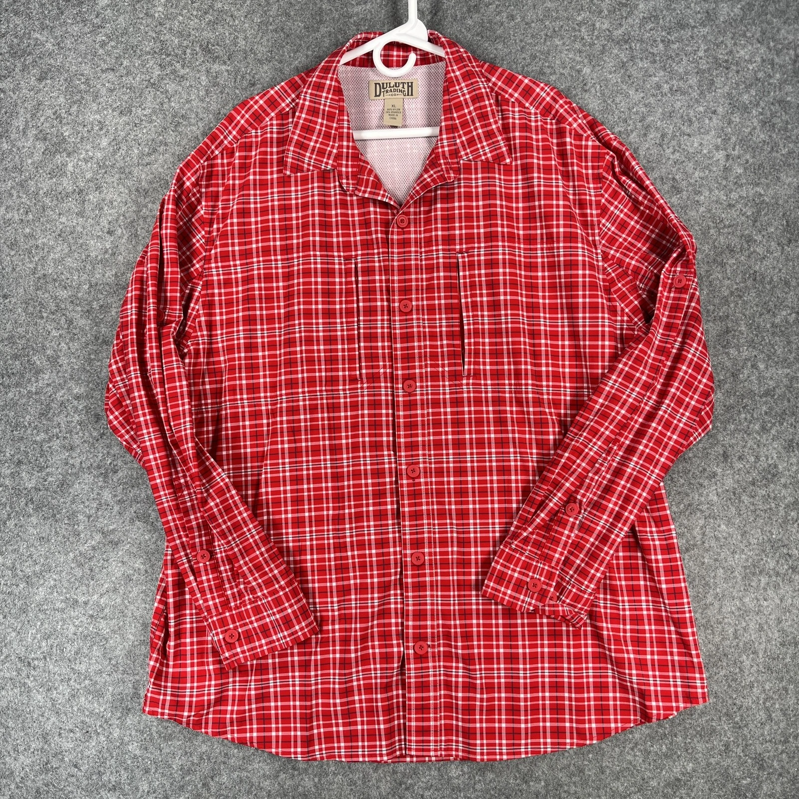 Duluth Trading Co Shirt Mens XL Red Plaid Button Up Long Sleeve Hiking Outdoor