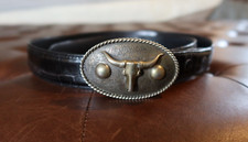 Silver longhorn belt buckle with black alligator belt vintage size 36 43" long 