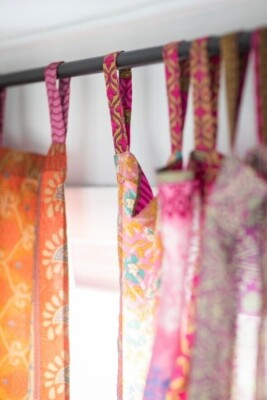 Pair Of Indian Vintage Sari Patchwork Curtains – Silk Orange Tab Top, 210x110 Cm, Handmade
