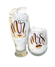 Mr. and Mrs. Wine Glass Beer Pint Glass Wedding Gift Set Bridal Shower Jemley