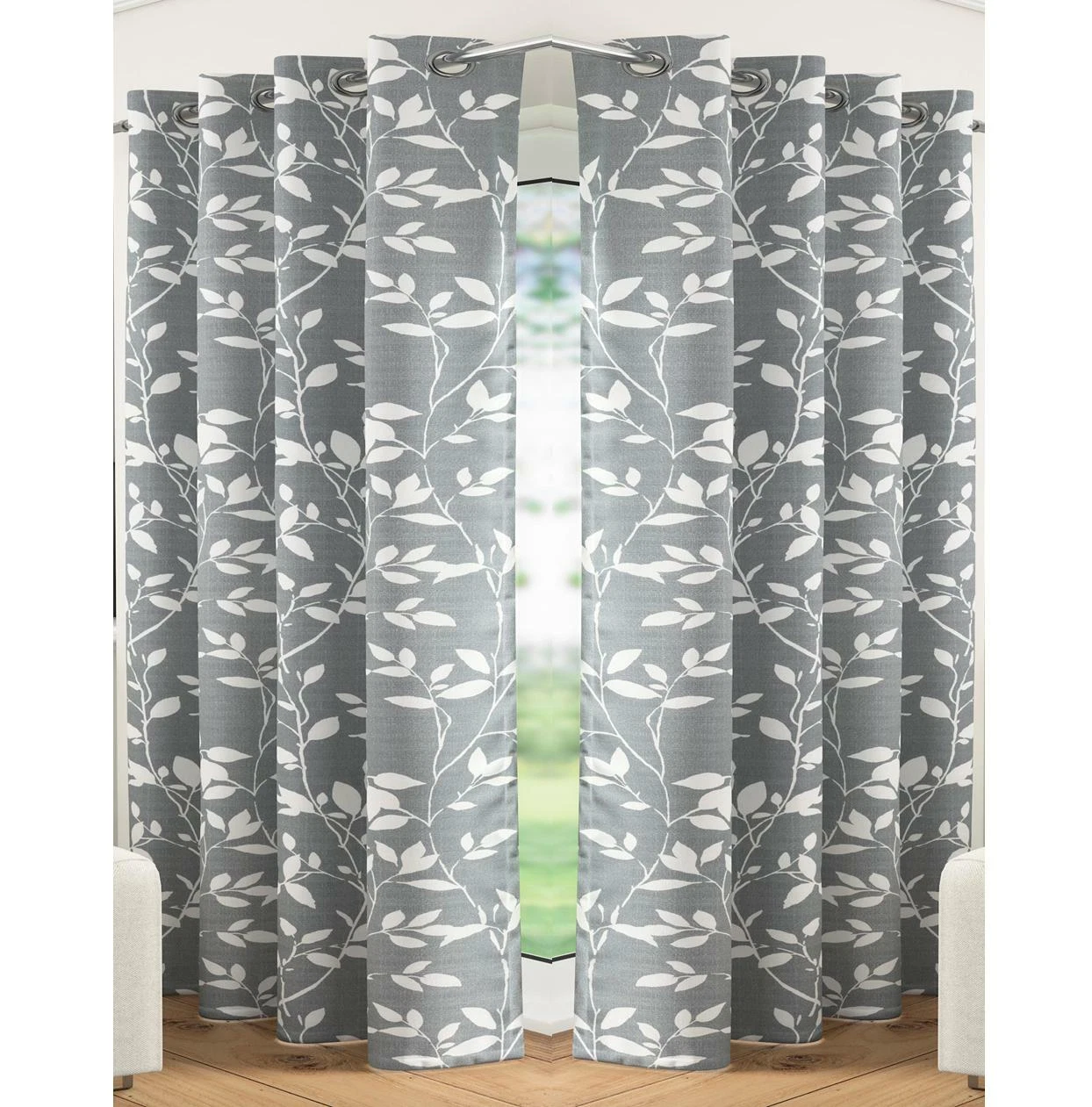 1 Pair Laural Panels Leaf Modern Ready Made Eyelet Ring Top Voile Curtains GREY