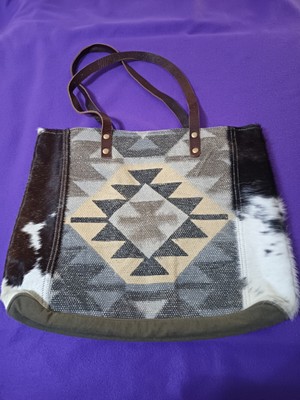 Myra Womens Quaint Canvas Cow Hair Tote Bag Leather Strap Southwest Design