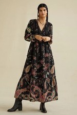 NWT ANTHROPOLOGIE Sz 10 PAISLEY MAXI DRESS In BLACK MOTIF
