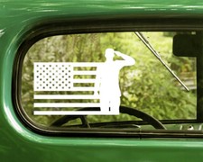 2 SALUTING SOLDIER AND AMERICAN FLAG DECALs Sticker For Car Truck Window Bumper