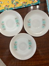Set Of 3 VTG Milk Glass Saucer Fire King Oven Ware Bonnie Blue Flower 6" Saucers