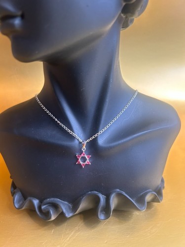 Sterling Silver Red CZ Star of David pendant necklace 18" sterling 3.3 gr TWT - Picture 2 of 4