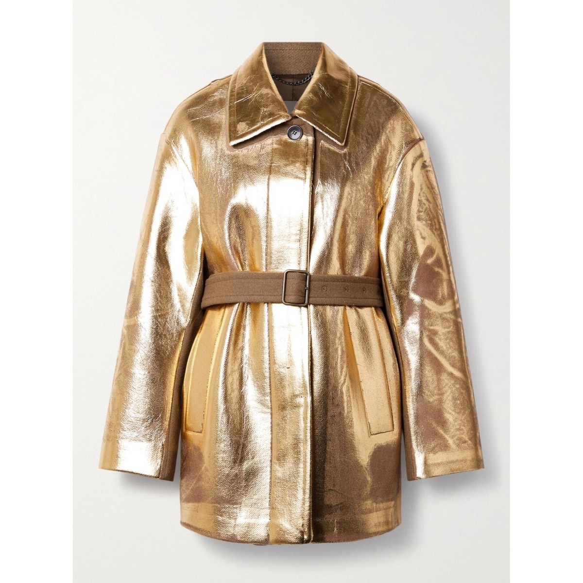 Dries Van Noten Belted Metalic Coated Wool Womens Jacket