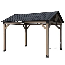 Aoodor 12' x10' Outdoor Hardtop Gazebo Cedar Wooden Frame with Waterproof Socket