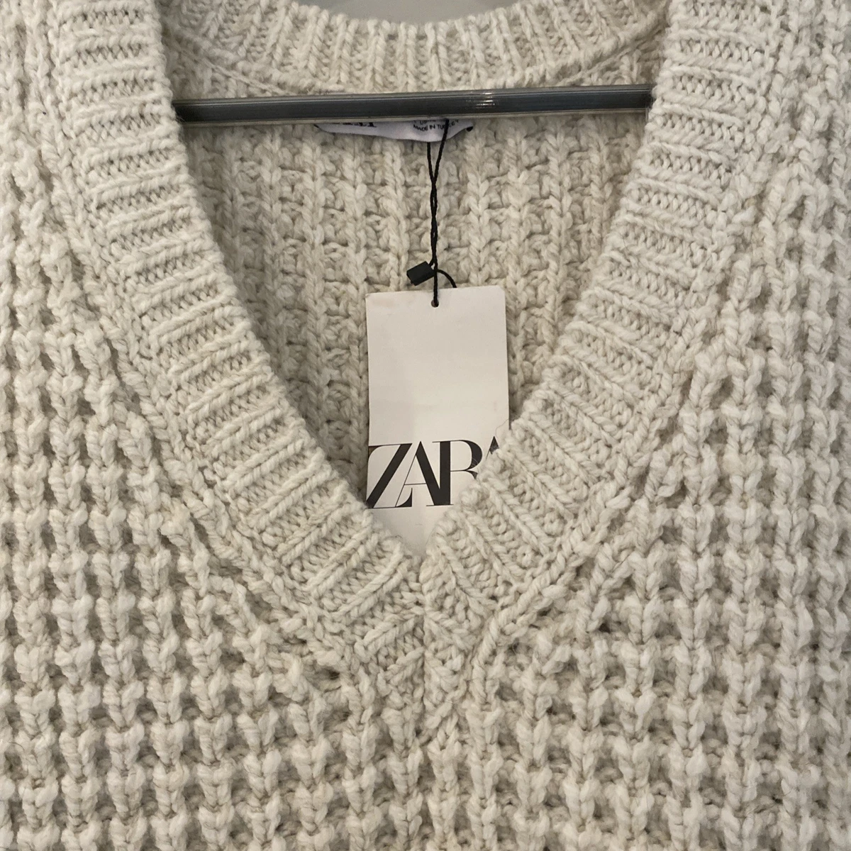 ZARA Cream Wool Chunky Knit V-Neck Oversized Relaxed Fit Jumper Size L NEW TAGS