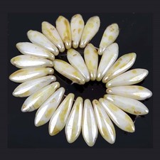 25 Czech Glass Dagger Beads - Opaque Luster - Cream White Picasso 16x5mm