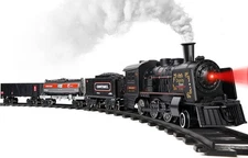 Hot Bee Train Set for Boys, Metal Alloy Electric Trains w/Steam Locomotive, Carg