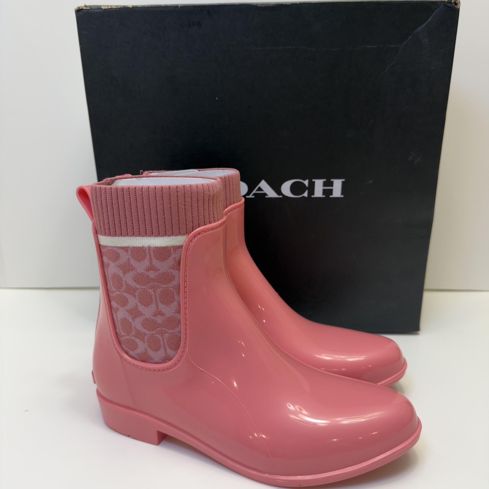 Coach Rain Boots Womens Size 7 Pink Rubber Rainbootie Ankle Waterproof G5255-image