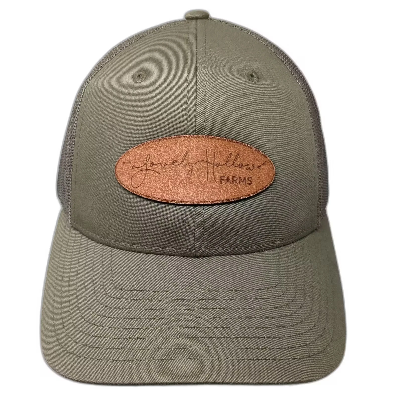 Richardson Trucker Hat Green Brown L Lovely Hollow Farms Leather Patch Mesh Cap
